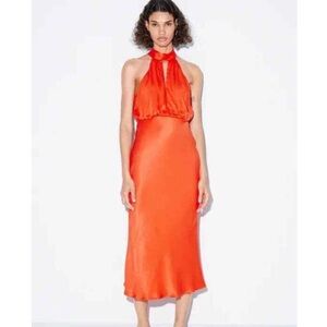 Zara Orange Halter Neck Silk Maxi Midi Dress Medium